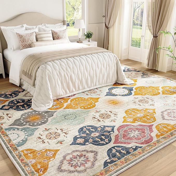EnHomee 8x10 Area Rug, Soft Washable Rugs for Living Room Bedroom, Boho Non Slip Low Pile Stain Resistant Washable Rug Large Area Rugs for Dining Room,Easy to Clean Living Room Rug, Colorful