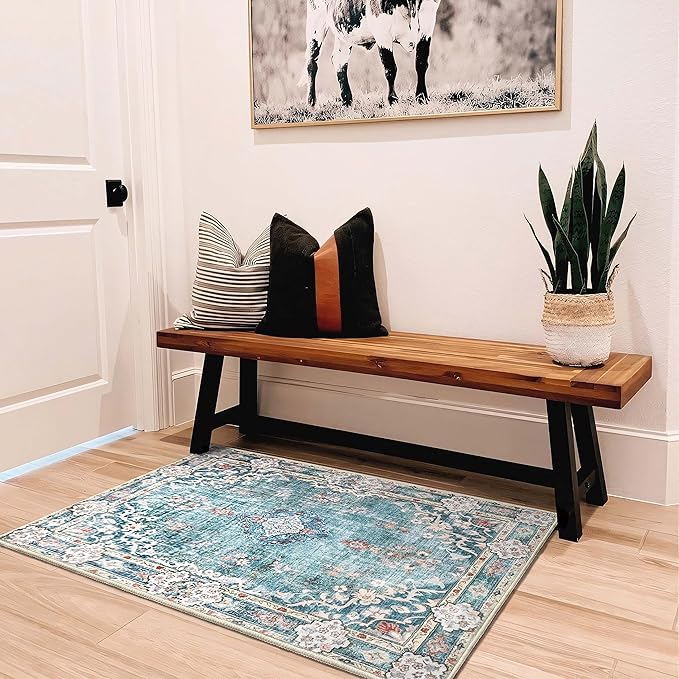 MUJOO Teal Area Rug Small Rugs Boho Machine Washable Rugs Non Slip for Entryway Kitchen Bathroom Bedroom Vintage Soft Low-Pile 2'x3' Blue Flowers Colorful