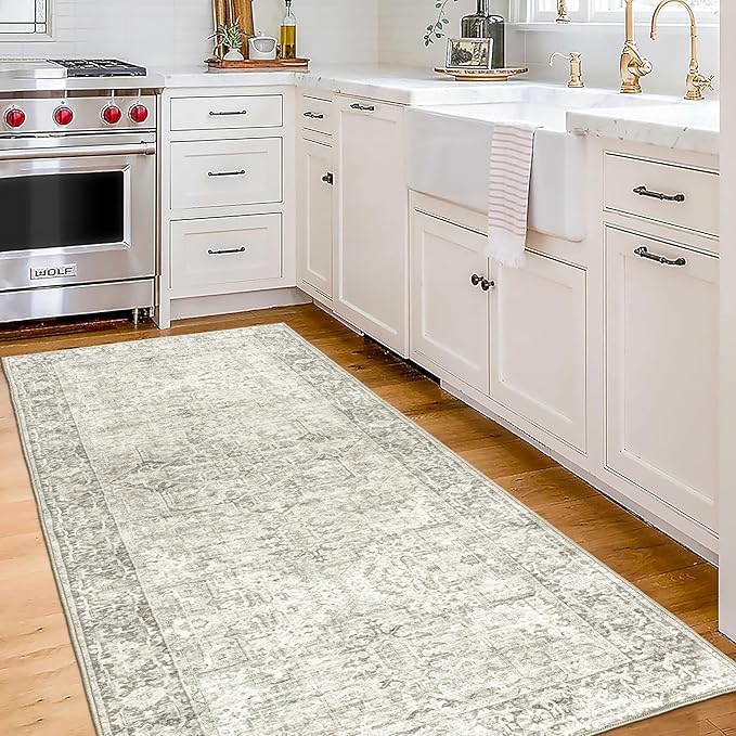 ReaLife Rugs Machine Washable Area Rug Runner - Living Room Bedroom Bathroom Kitchen Entryway Office - Padded Low Pile Stain Resistant Premium - Boho Farmhouse Vintage - Lyle - Beige Ivory 2'6" x 10'