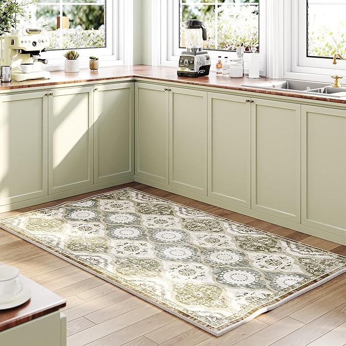 EnHomee Area Rugs 3x5, Soft Washable Rugs for Living Room Bedroom, Boho Non Slip Low Pile Stain Resistant Washable Rug Large Carpet for Dining Room,Easy to Clean Living Room Rug, Green