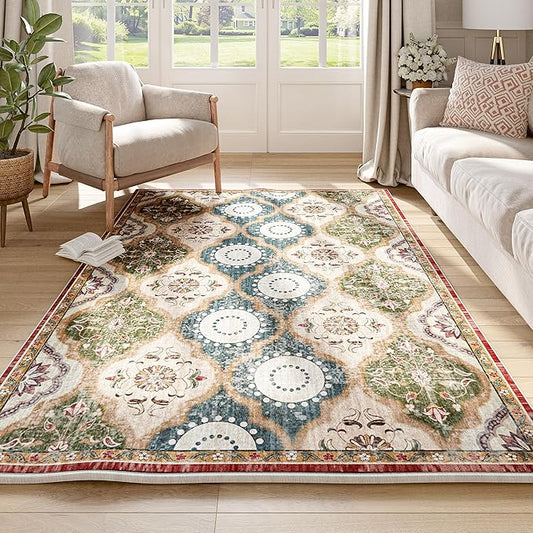 EnHomee Area Rugs 3x5, Soft Washable Rugs for Living Room Bedroom, Boho Non Slip Low Pile Stain Resistant Washable Rug Large Carpet for Dining Room,Easy to Clean Living Room Rug, Red & Green