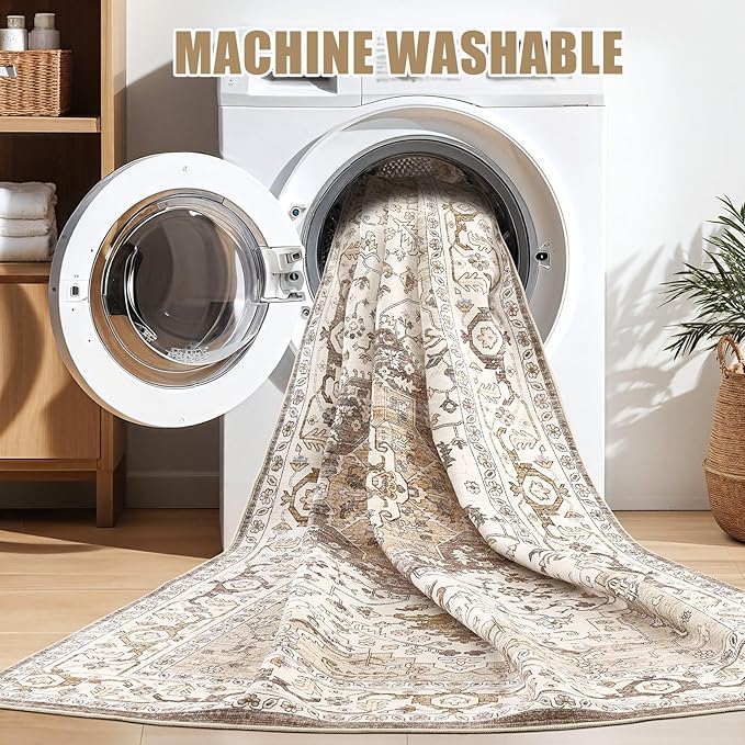 Area Rug for Living Room - 8x10 Soft Washable Oriental Vintage Floral Distressed Large Carpet - Fade Stain Resistant Non Slip Rugs for Bedroom Dining Room Nursery Dorm Office Home Decor-Camel/Beige