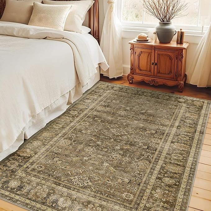 HelloTree Vintage Area Rug 3x5 Brown Entryway Office Washable Carpet Non Slip Backing Printed Distressed Rugs for Bedroom Vintage Boho Tribal Area Rugs for Bathroom Bedroom Dining Living Room-Brown
