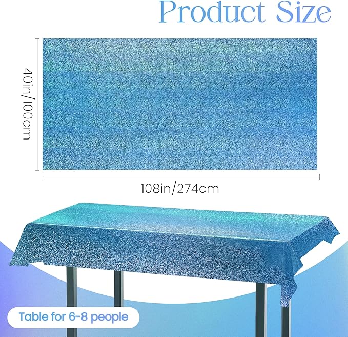 1pcs Blue Holographic Laser Tablecloths 40" x 108" Plastic Table Cloths for Parties Shimmer Shiny Party Decoration for Winter Ocean Princess Birthday Party Wedding Baby Shower Christmas Decor