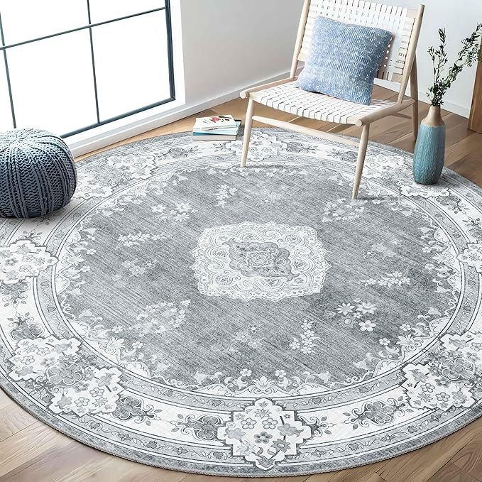 MUJOO Grey Round Rug 6ft,Circle Washable Area Rugs for Bedroom Living Room Bathroom,Boho Large Vintage Bohemian Distressed Farmhouse Non Slip Circular Carpet,Floral