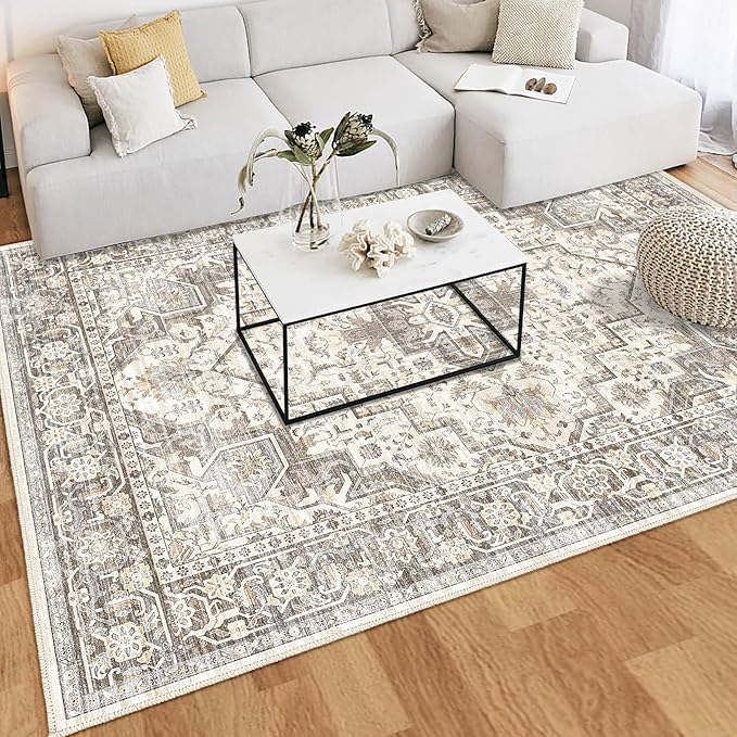 Washable Vintage Area Rug 8x10，Printed Vintage Home Decor, Floor Decoration Carpet Mat，Thin Rug for Living Room, Distressed Oriental Reto Indoor Floor Carpet Rug (Brown Beige 8x10)
