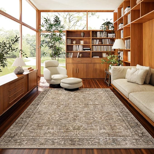 6x9 Washable Rug Vintage Fade Resistant Boho Distressed Non-Slip Indoor Large Carpet Low Pile Lightweight & High-Traffic Safe for Bedroom, Dorm, Playroom - Farmhouse Decor