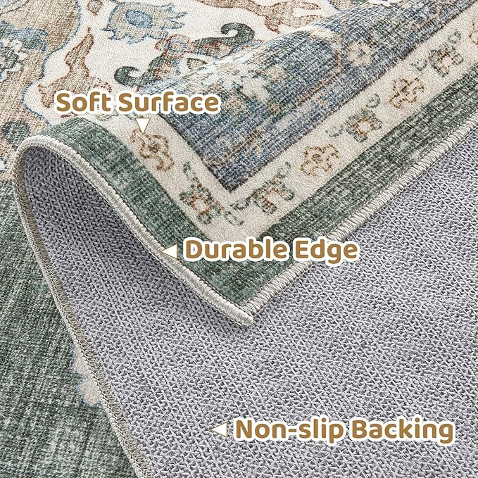 Area Rug for Living Room - 8x8 Soft Washable Oriental Vintage Floral Distressed Large Carpet - Fade Stain Resistant Non Slip Rugs for Bedroom Dining Room Nursery Dorm Office Home Decor - Green