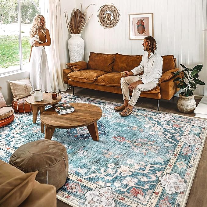 MUJOO Teal Rug 8'x10' Area Rugs for Living Room Blue Washable Rugs Large Rug Boho Rug 8'x10' for Bedroom Non Slip Abstract Soft Low-Pile Floral Colorful Flowers