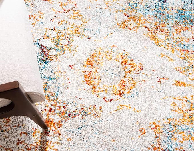 Unique Loom Rosso Collection Traditional, Vintage, Medallion, Border, Distressed, Southwestern Area Rug, 3 ft 3 in x 3 ft 3 in, Ivory/Blue