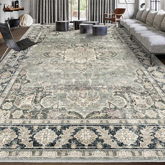 9x12 Area Rugs - 9x12 Washable Area Rug Indoor Vintage Rug Print Rug Low-Pile Floor Carpet for Living Room, Bedroom (Olive Charcoal)