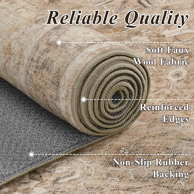 2x6 Runner Rug for Hallways Vintage Distressed Non Slip Long Carpet Floral Boho Distress Print Pattern Mat Lightweight Retro Accent Throw Carpet for Kitchen Bedroom Bedside Laundry Room-Khaki