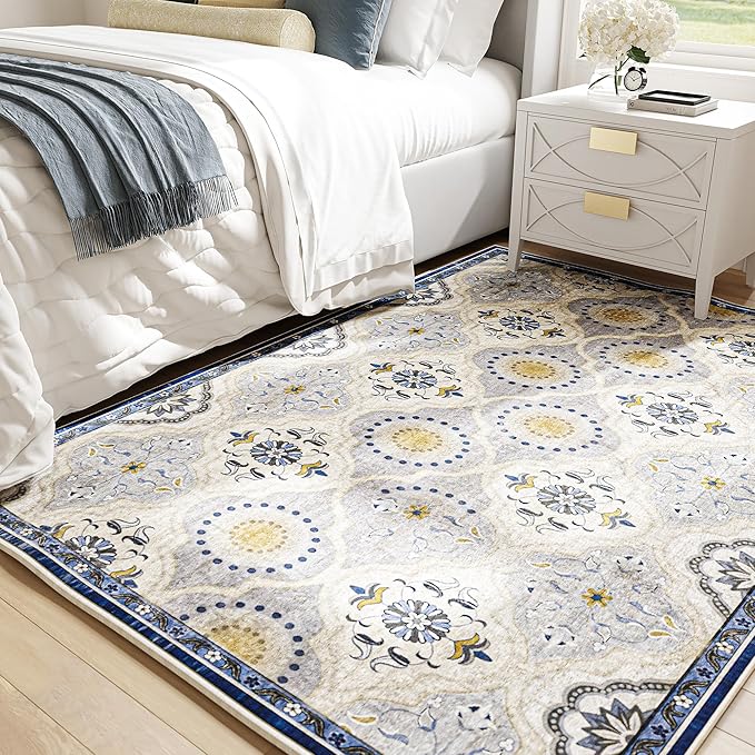 EnHomee Washable Area Rugs 4x6, Soft Area Rug for Living Room Bedroom, Boho Non Slip Low Pile Stain Resistant Washable Rug Large Carpet for Dining Room,Easy to Clean Living Room Rug, Blue