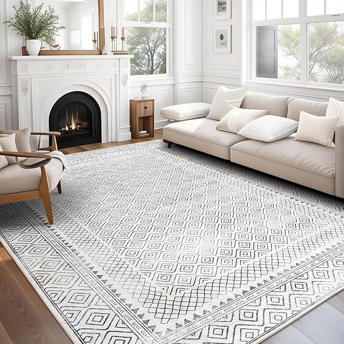 ReaLife Rugs Machine Washable Area Rug - Living Room Bedroom Bathroom Kitchen Entryway Office - Padded Low Pile Stain Resistant Premium - Boho Farmhouse Vintage - Aria - Ivory 5' x 7'