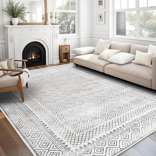 ReaLife Rugs Machine Washable Area Rug - Living Room Bedroom Bathroom Kitchen Entryway Office - Padded Low Pile Stain Resistant Premium - Boho Farmhouse Vintage - Aria - Ivory 5' x 7'