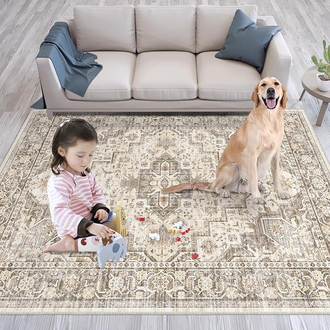 Area Rug 5x7 Rugs for Living Room, Area Rugs Washable Rugs, Vintage Rug for Bedroom Dinning Room, Home Decor Living Room Area Rugs (Brown Beige 5X7)