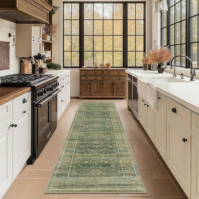 2x6 Runner Rug for Hallways Vintage Distressed Non Slip Long Carpet Floral Boho Distress Print Pattern Mat Lightweight Retro Accent Throw Carpet for Kitchen Bedroom Bedside Laundry Room-Green
