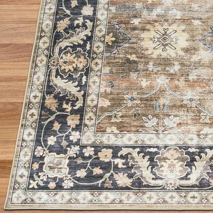 ReaLife Rugs Machine Washable Area Rug - Living Room Bedroom Bathroom Kitchen Entryway Office - Padded Low Pile Stain Resistant Premium - Boho Farmhouse Vintage - BEV - Beige Tan Brown 4' x 6'