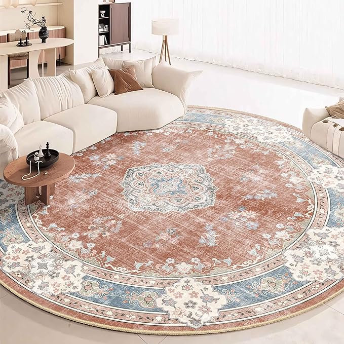 MUJOO Boho Round Rug 9ft,Circle Washable Area Rugs for Bedroom Living Room Bathroom, Vintage Distressed Non Slip Circular Carpet,Orange Navy Blue Floral
