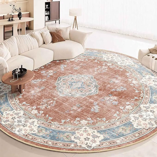 MUJOO Boho Round Rug 9ft,Circle Washable Area Rugs for Bedroom Living Room Bathroom, Vintage Distressed Non Slip Circular Carpet,Orange Navy Blue Floral