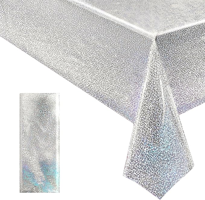 1 pcs Silver Holographic Tablecloths Shiny Disco Laser Table Cloths 40" x 108" Iridescence Plastic White Table Cover for Birthday Party Decoration Wedding Christmas Winter Grad Party Supplies