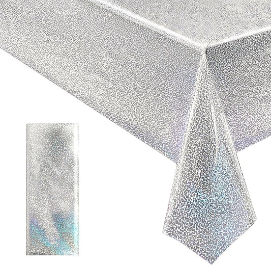 1 pcs Silver Holographic Tablecloths Shiny Disco Laser Table Cloths 40" x 108" Iridescence Plastic White Table Cover for Birthday Party Decoration Wedding Christmas Winter Grad Party Supplies