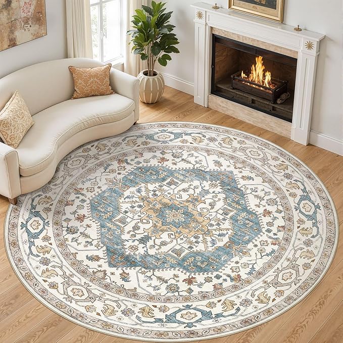 Area Rug for Living Room - 8x8 Soft Washable Oriental Vintage Floral Distressed Large Carpet - Fade Stain Resistant Non Slip Rugs for Bedroom Dining Room Nursery Dorm Office Home Decor - Blue/Beige