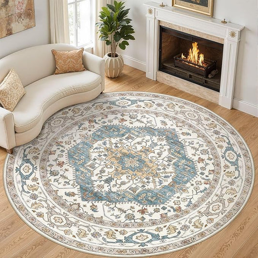 Area Rug for Living Room - 8x8 Soft Washable Oriental Vintage Floral Distressed Large Carpet - Fade Stain Resistant Non Slip Rugs for Bedroom Dining Room Nursery Dorm Office Home Decor - Blue/Beige