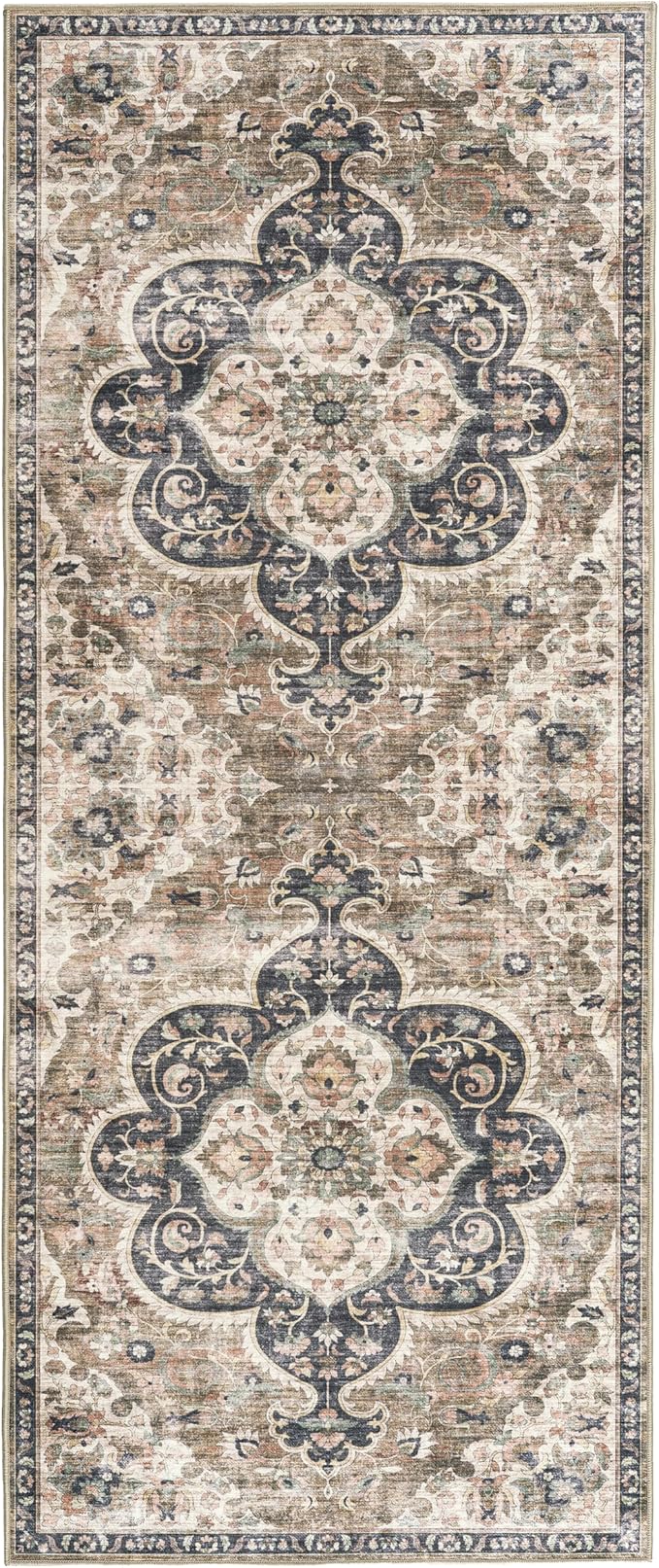 ReaLife Rugs Machine Washable Area Rug Runner - Living Room Bedroom Bathroom Kitchen Entryway Office - Padded Low Pile Stain Resistant Premium - Boho Farmhouse Vintage - Joy - Brown Beige 2'6" x 10'