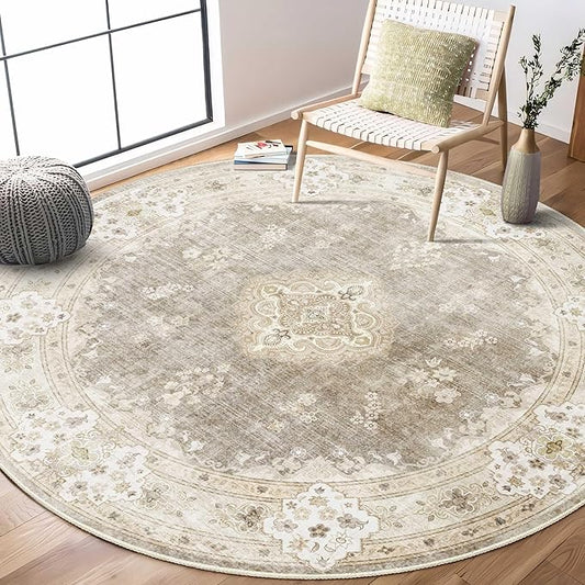 MUJOO Beige Round Rug 6ft,Circle Washable Area Rugs for Bedroom Living Room Bathroom,Boho Large Vintage Bohemian Distressed Farmhouse Non Slip Circular Carpet,Floral