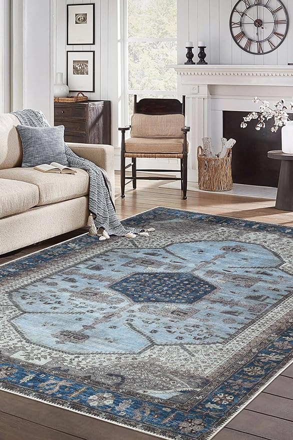 Keen Home Design 6x9 Rug - Machine Washable Area Rug with Non-Slip Backing, Ideal for Living Room, Dining Room, Bedroom - Vintage, Easy Clean, Durable, Low Pile Rug - (6' x 9')