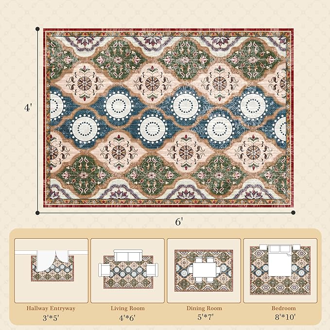 EnHomee Boho Chic 4x6 Washable Rug - Soft, Low Pile & Durable for High-Traffic Living Rooms & Bedrooms Stain Resistant, Non-Slip Easy Clean Carpet in Red&Green
