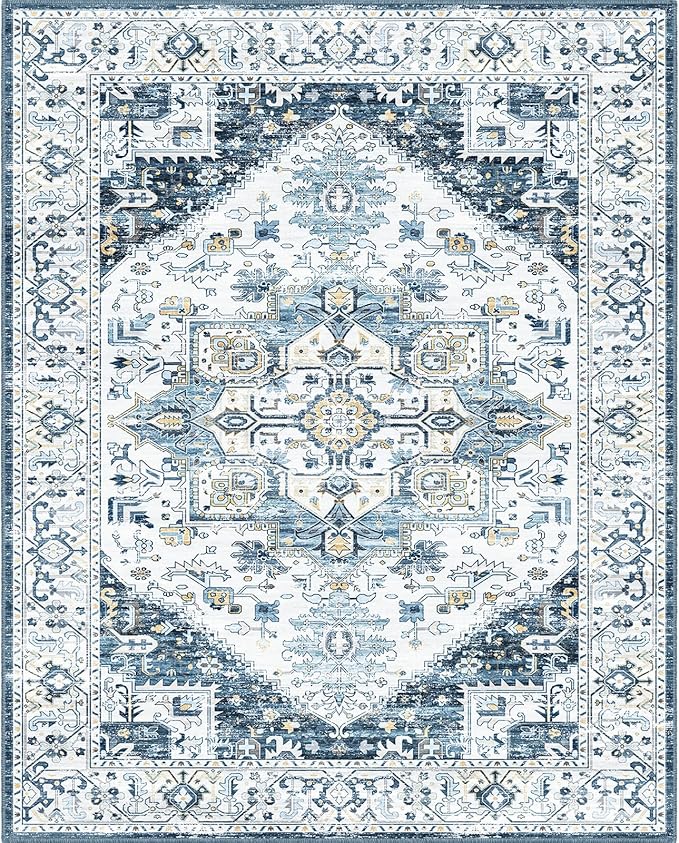 8x10 Area Rugs for Living Room, Machine Washable Non Slip Vintage Retro Rugs, Low Pile Lightweigt Chenille Print Indoor Rug for Bedroom, Dining Room, Home Office (Blue Gold Cream 8X10)…