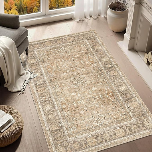 HelloTree Vintage Area Rug 3x5 Khaki Entryway Office Washable Carpet Non Slip Backing Printed Distressed Rugs for Bedroom Vintage Boho Tribal Area Rugs for Bathroom Bedroom Dining Living Room-Khaki