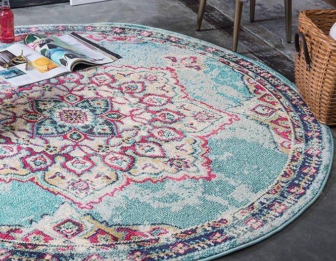 Unique Loom Medici Collection Floral Medallion Traditional Vintage Light Blue Round Rug (6' 0 x 6' 0)
