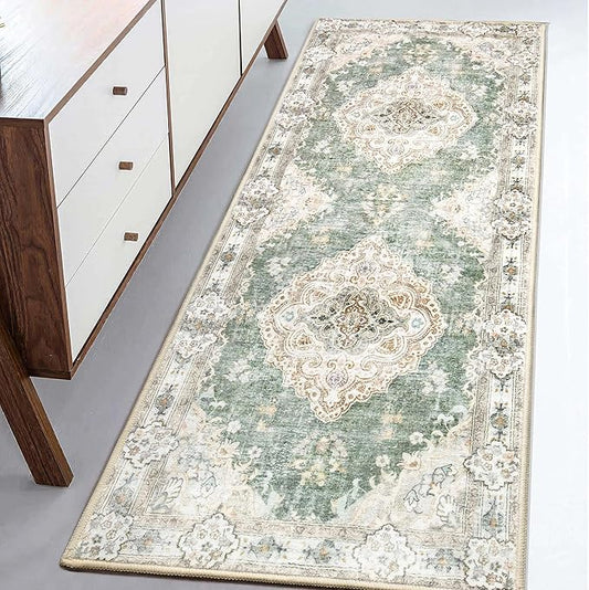 MUJOO Hallway Runner Rug - Machine Washable Non Slip Boho Green Runner for Hallways, Entryway, Kitchen, Bathroom, Bedside - Retro Soft Low-Pile 2'x6' Blossom