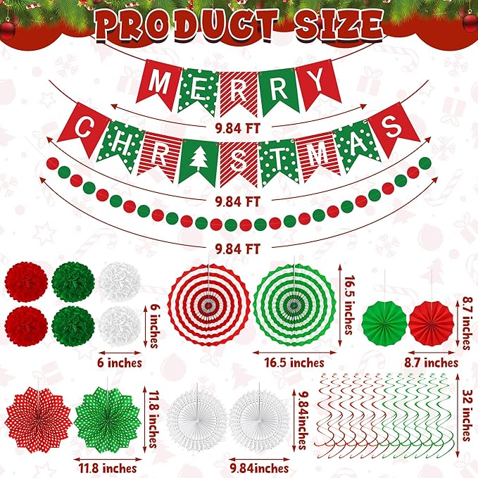 28PCS Christmas Decorations, Christmas Banner Paper Fans Set, Red White Green Pompom Garland Paper Fans Hanging Swirls for Xmas Party Decorations Accessories Indoor Supplies Decor Ugly Sweater Set