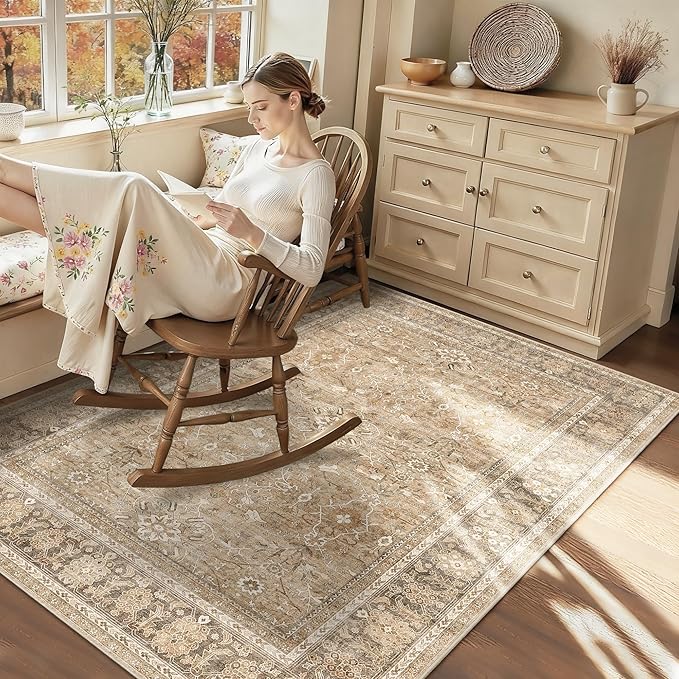 HelloTree Vintage Area Rug 3x5 Khaki Entryway Office Washable Carpet Non Slip Backing Printed Distressed Rugs for Bedroom Vintage Boho Tribal Area Rugs for Bathroom Bedroom Dining Living Room-Khaki