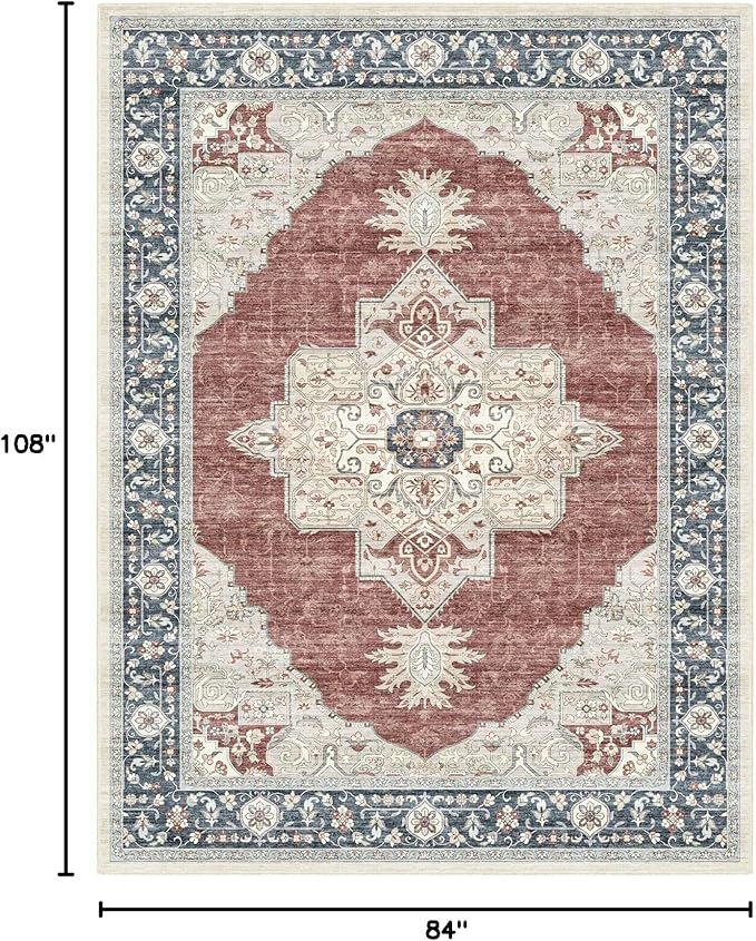 7X9 Washable Vintage Area Rug Boho Distressed Design Non-Shedding Carpet Easy Care Ideal for High Traffic Areas (Brick/Beige, 7x9)