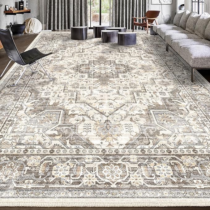 Area Rug Machine Washable Rug 10'x13' - Vintage Design Large Area Rugs with Non Slip Rugs for Living Room Bedroom,Stain Resistant, Home Decor Office Area Rug (Beige Brown 10'x13')