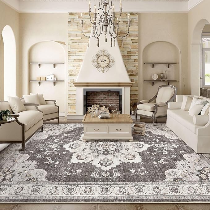 Area Rug for Living Room - 10x14 Soft Washable Oriental Vintage Floral Distressed Large Carpet - Fade Stain Resistant Non Slip Rugs for Bedroom Dining Room Nursery Dorm Office Home Decor - Brown/Grey