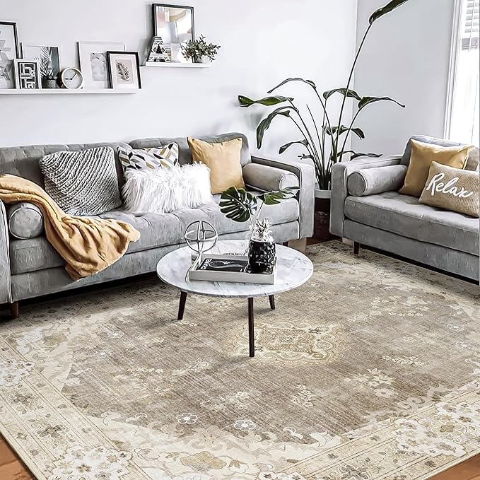 MUJOO Beige Rug 8'x10' Area Rugs for Living Room Bedroom Dining Room,Large Washable Boho Bohemian Vintage Distressed Farmhouse Non Slip Carpet, Floral Flowers