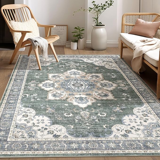 Area Rug for Living Room - 5x7 Soft Washable Oriental Vintage Floral Distressed Large Carpet - Fade Stain Resistant Non Slip Rugs for Bedroom Dining Room Nursery Dorm Office Home Decor - Green