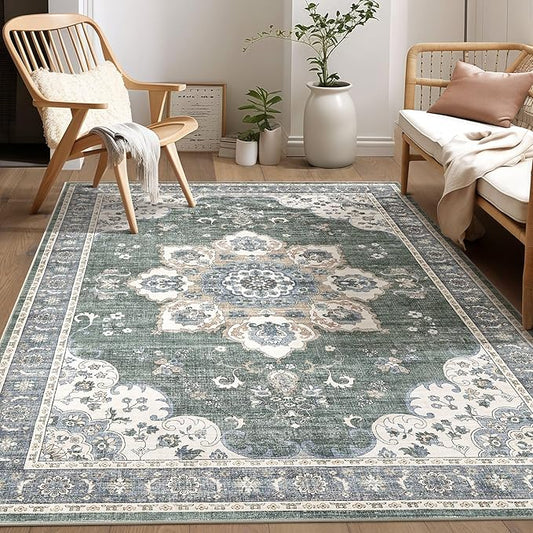 Area Rug for Living Room - 5x7 Soft Washable Oriental Vintage Floral Distressed Large Carpet - Fade Stain Resistant Non Slip Rugs for Bedroom Dining Room Nursery Dorm Office Home Decor - Green