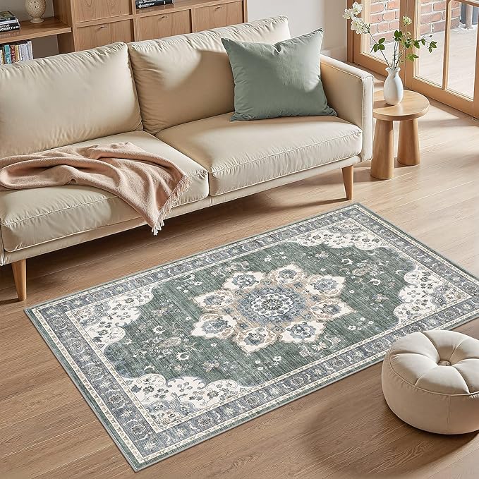 3x5 Washable Entryway Rug: Non-Slip Soft Vintage Floral Indoor Area Rug for Living Room Large Kitchen Entryway Bedroom Bedside, Door Mat Throw Carpet for Laundry Foyer Home Decor (Green)