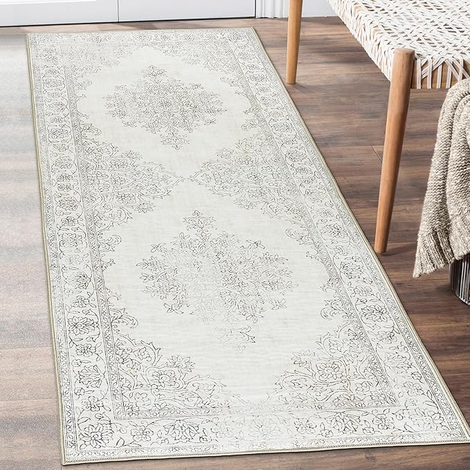 ReaLife Rugs Machine Washable Area Rug Runner - Living Room Bedroom Bathroom Kitchen Entryway Office - Padded Low Pile Stain Resistant Premium - Boho Farmhouse Vintage - Paige - Ivory 2'6" x 6'