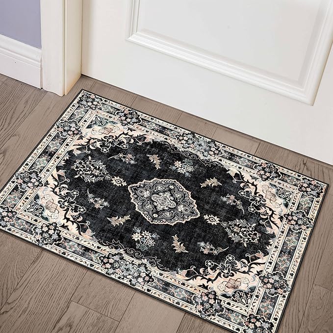 MUJOO Black Rug 2'x3',Small Washable Area Rugs for Entryway Kitchen Bathroom Bedroom,Boho Vintage Bohemian Distressed Farmhouse Non Slip Carpet, Floral
