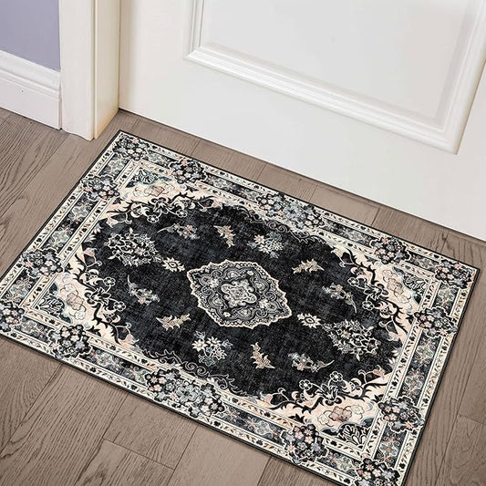 MUJOO Black Rug 2'x3',Small Washable Area Rugs for Entryway Kitchen Bathroom Bedroom,Boho Vintage Bohemian Distressed Farmhouse Non Slip Carpet, Floral