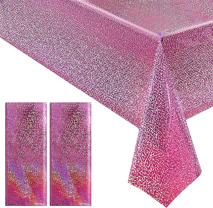 2 pcs Pink Holographic Plastic Tablecloths Laser Table Covers 40" x 108" Foil Disposable Table Cloths for Party Birthday Wedding Christmas Holiday Party Decorations