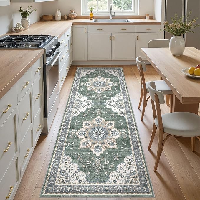 Area Rug for Entryway - 3x8 Soft Washable Oriental Vintage Floral Distressed Large Carpet - Fade Stain Resistant Non Slip Rugs for Bedroom Dining Room Nursery Dorm Office Home Decor - Green
